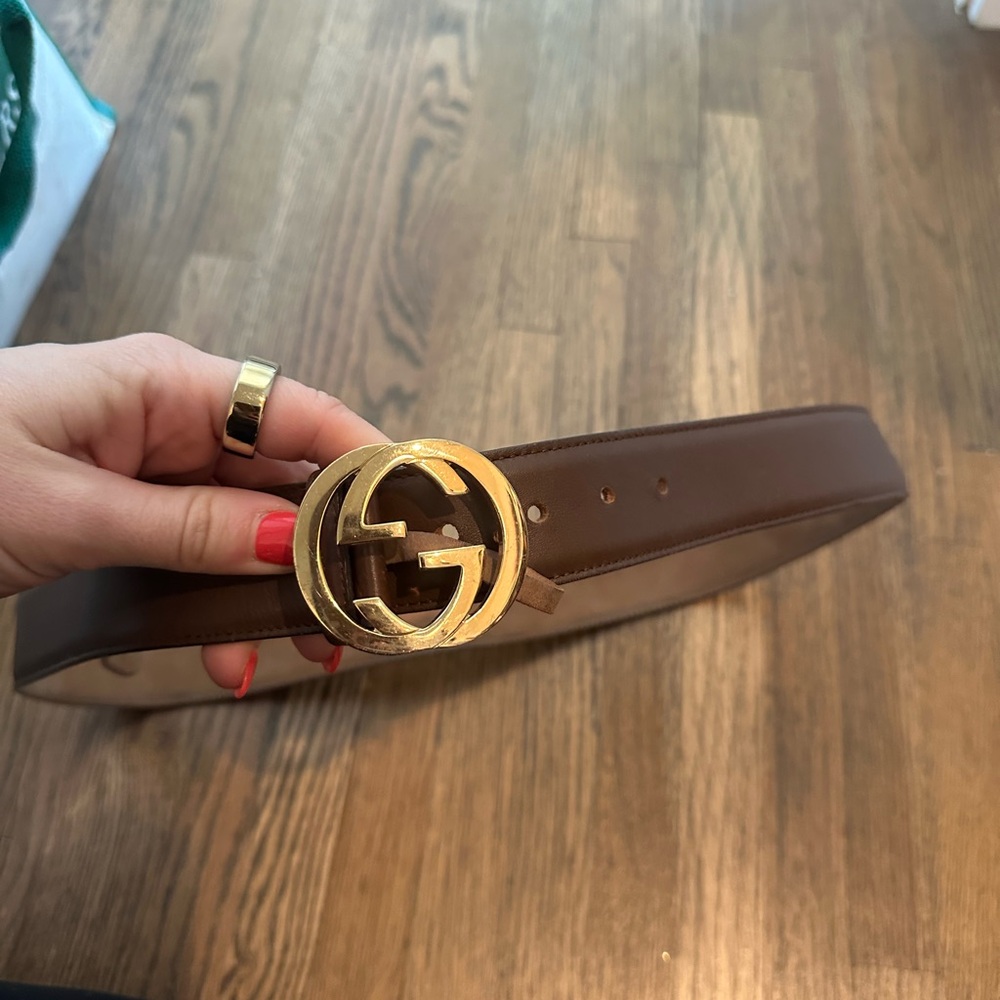 Gucci Brown Leather Belt with Gold Interlocking G Buckle